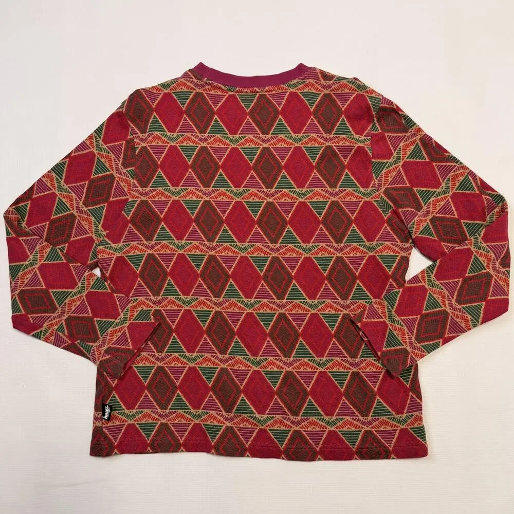 Stussy Sweater Mens Small Red Geometric Knit Crewneck Pullover Cotton Casual